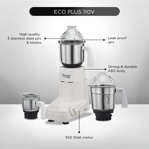キッチン家電 Preethi 110V Eco Plus Mixer Grinder 3Jar Preethi Eco Plus Mixer Grinder 110V with 3 Jars (Only for US